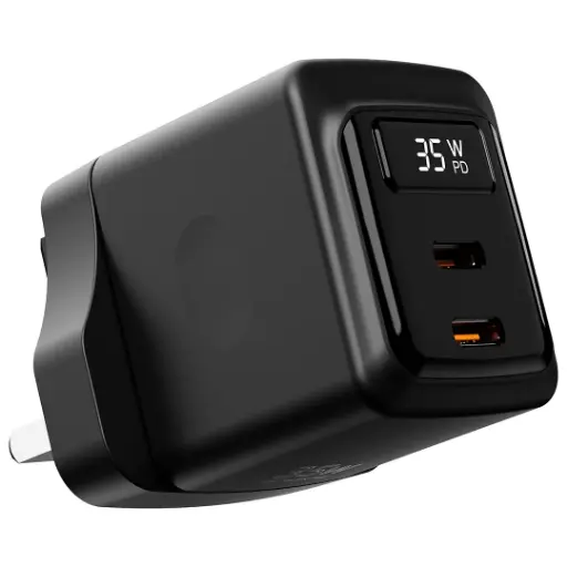 شاحن حائط بوردو GaN 35W مزدوج USB-C مع عرض الطاقة - أسود