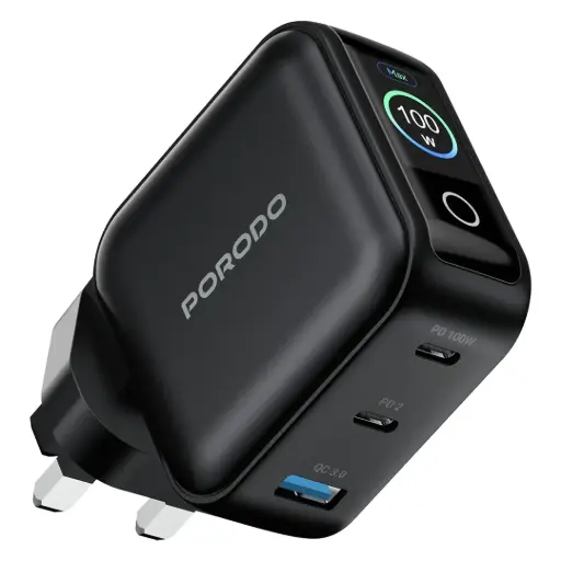 [PDWCP5010BK] شاحن جداري بورودو نيكورا 100 واط ثلاثي المنافذ مع شاشة LCD – أسود