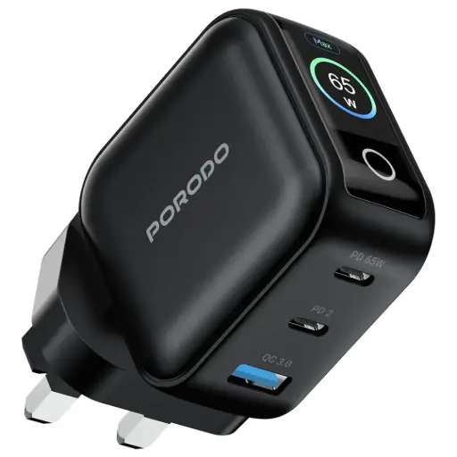 [PDWCP5265BK] Porodo Nexora 65W 3-Port Wall Charger with LCD Display - Black