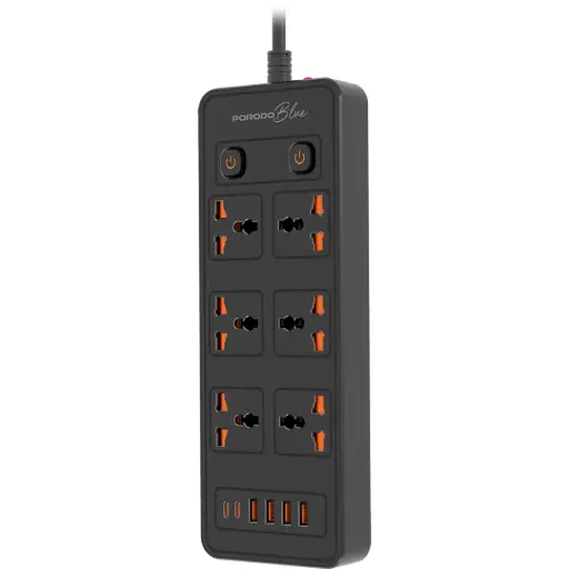 [PBFWCH033BK] Porodo Blue 6 AC - Dual Switch Power Strip - Black