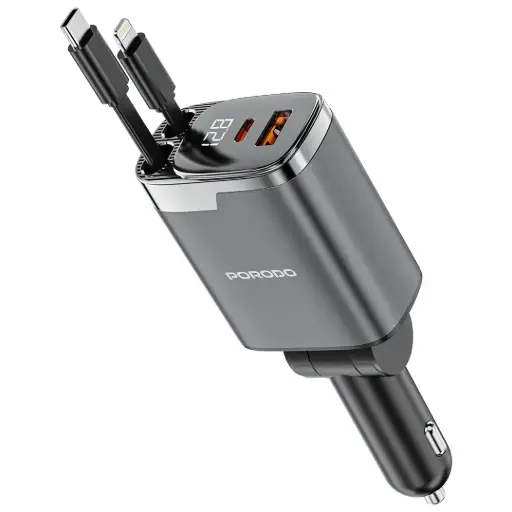 [PDC46PGY] Porodo 111W Car Charger with Lightning & Type-C Retractable Cables - Gray