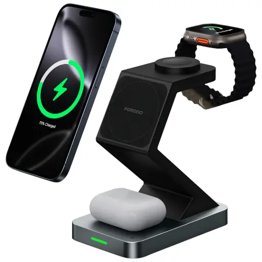 [PDXHX3BK] Porodo 4-In-1 Powerdock Wireless Charging Station with 360° Adjustable Viewing - Black